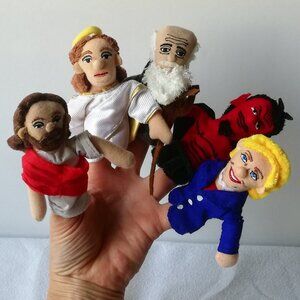 Unemployed Philosophers Finger Puppet Jesus Angel Hillary Clinton Darwin & devil